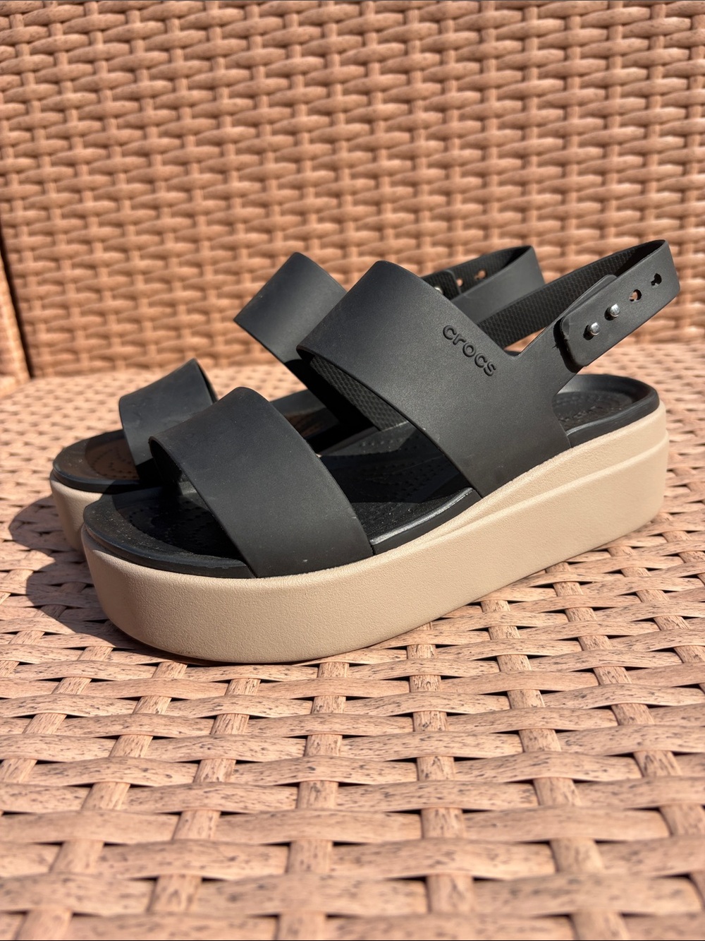 CROCS Black Strappy Platform Sandals with Cream Sole